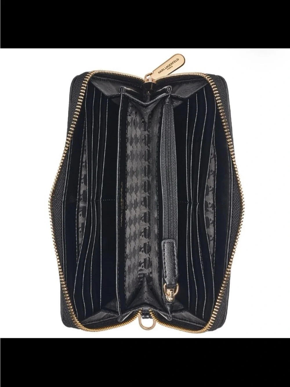 Karl Lagerfeld Black Pebbled Leather Zip Wristlet with Gold Logo
